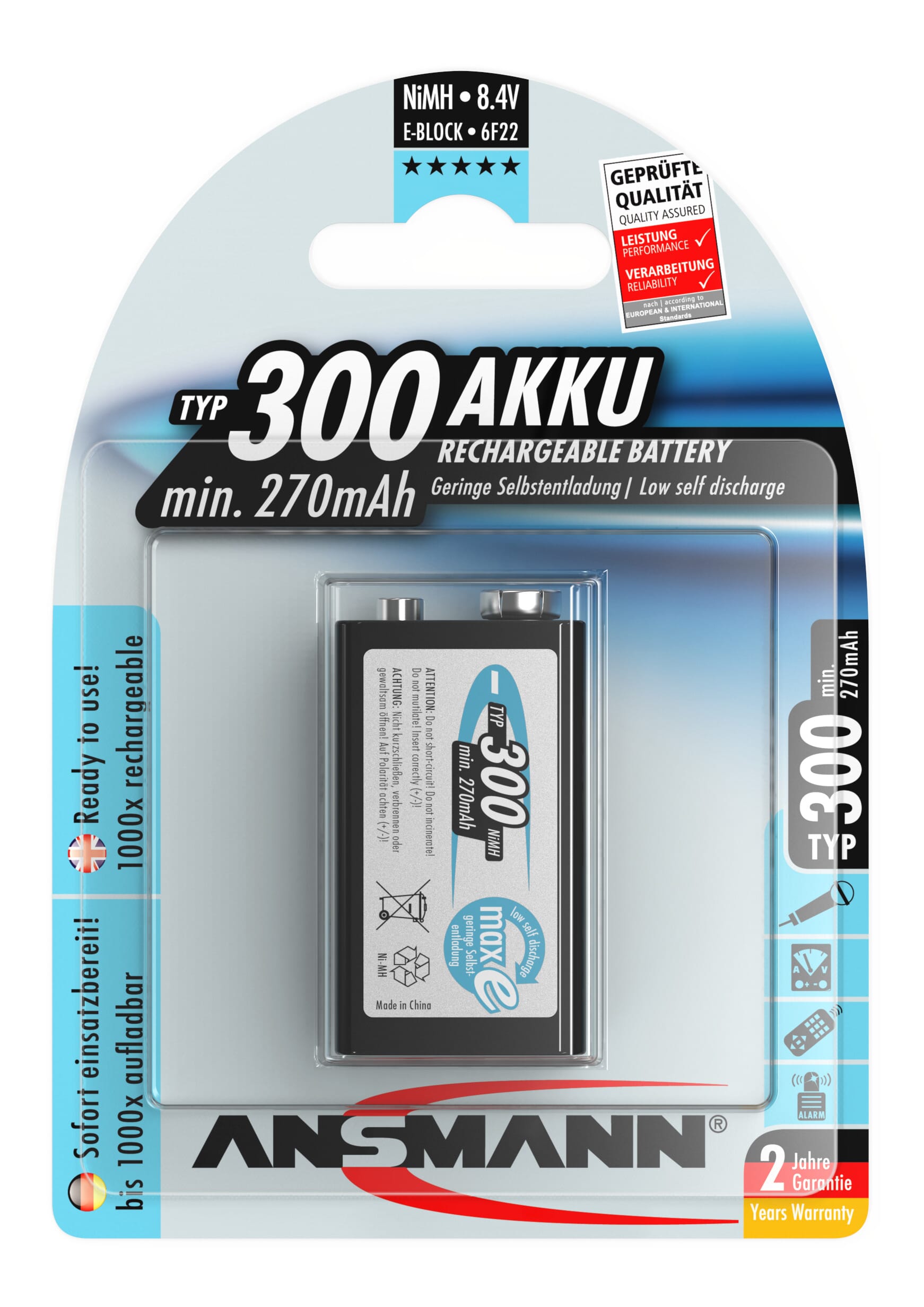 Ansmann NiMH Akku 9 Volt E-Block Typ 300 maxE 1er Blister